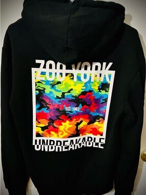 Zoo York Black Hoodie with Vibrant Multicolor Camo Back Print